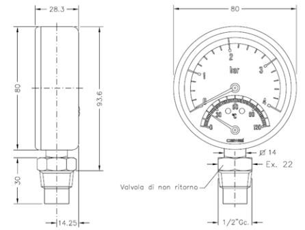 Радіальний термоманометр Cewal TRR 80 VI (0-6Bar 0-120°C)