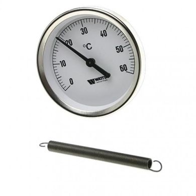 Термометр биметаллический накладной Watts F+R810 TCM (TAB 63/120 ?63 мм, 0-120°С) с пружиной для крепления на трубу 1"-2"